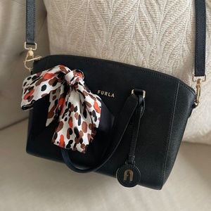 FURLA Leather Top Handle Bag Nero - Black with Decorative Furla Scarf & Dustbag